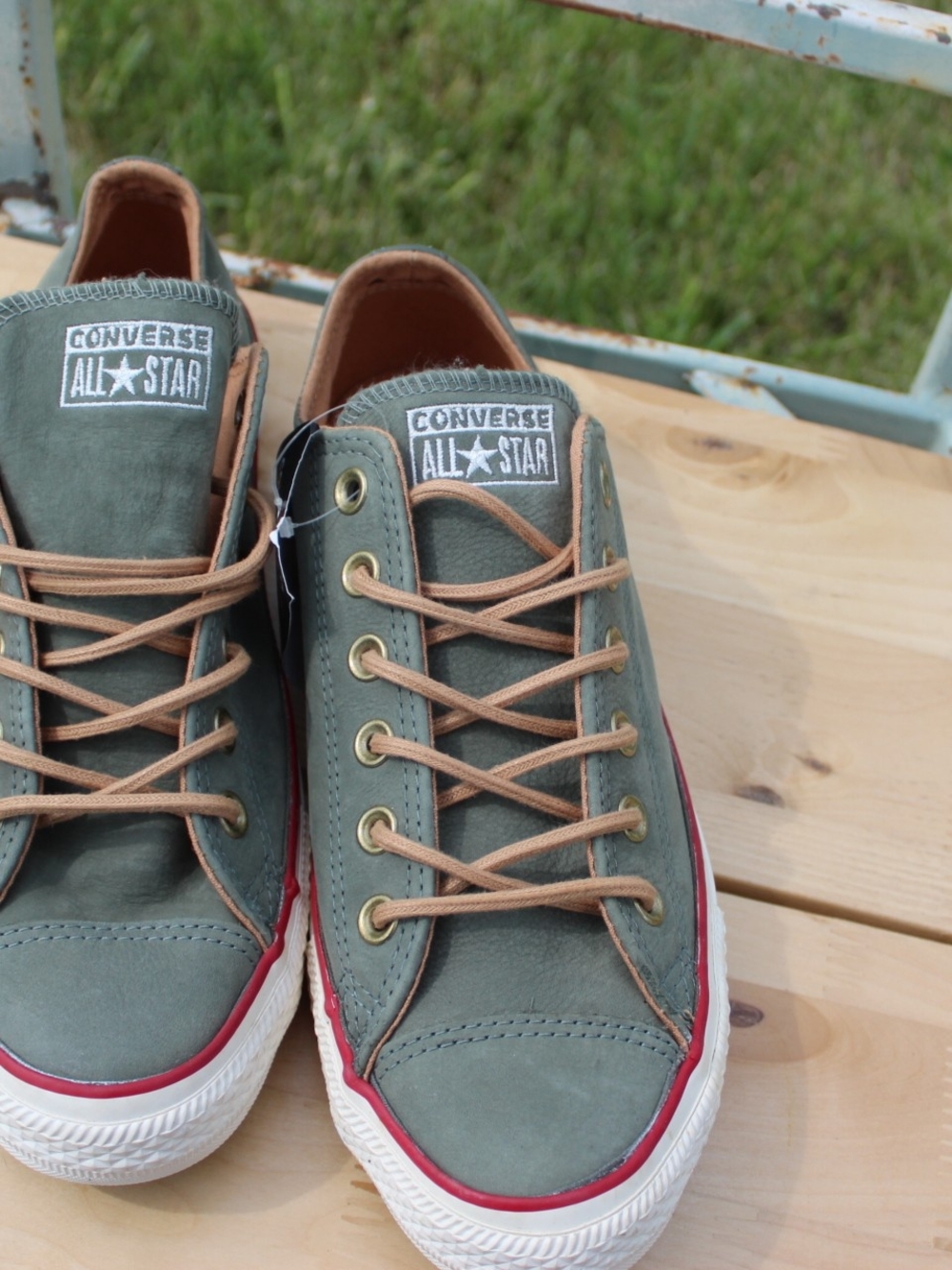 Converse Low Top Sneakers in Olive Green with Tan Laces and Red Trim